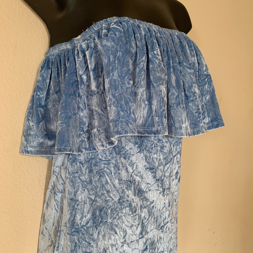 Mono B Blue Strapless Flounce Velvet Bodycon Dress - Picture 4 of 10